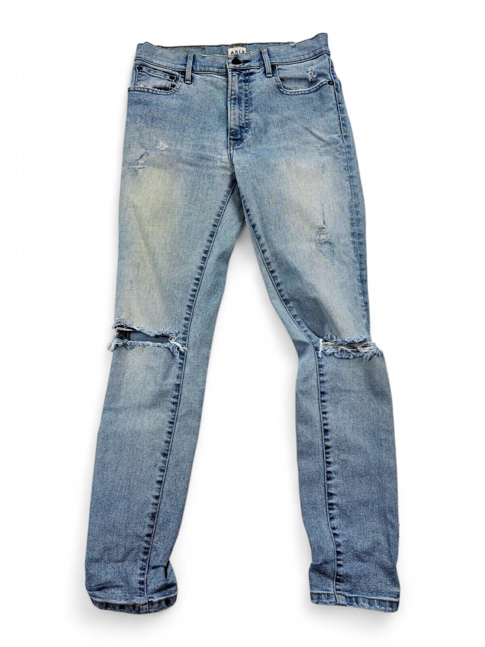ABLE The High Rise Jean 26 Light Wash Distressed Knee